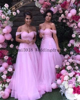 off the shoulder bridesmaid dresses pink lace applique elegant tulle skirt puffy wedding party dress for grils
