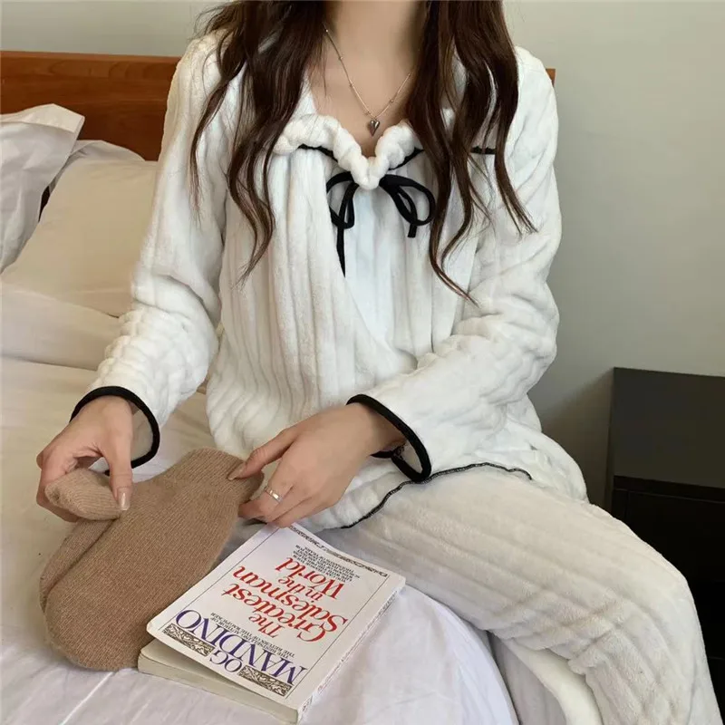 Spring Autumn Winter Pajamas Women's Coral Fleece Thickening and Fleece Ladies Pajamas Sweet and Cute Flannel Homewear Set