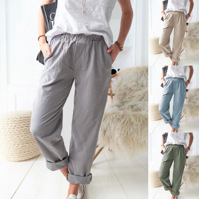 Summer Ladies Solid Color Casual Elastic Mid Waist Straight Trousers Women Cotton Linen Long Pants Femme Clothes Daily Wear