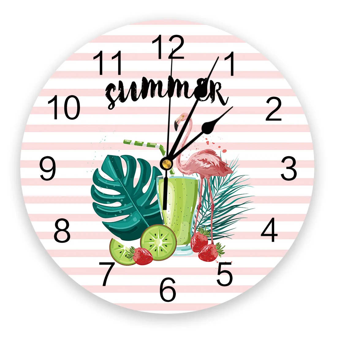 

Полосатые настенные часы из ПВХ с фламинго и листьями для гостиной, спальни, Модные подвесные часы с принтом для офиса, кафе, рандомные часы