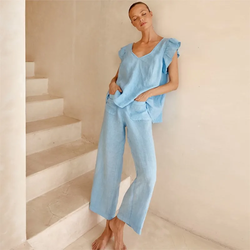 

Beach Dress Women Covers Bikini Summer For 2023 Cover Up New Blue Shirt Trousers Close Skin Cotton Pajamas Two Piece Household