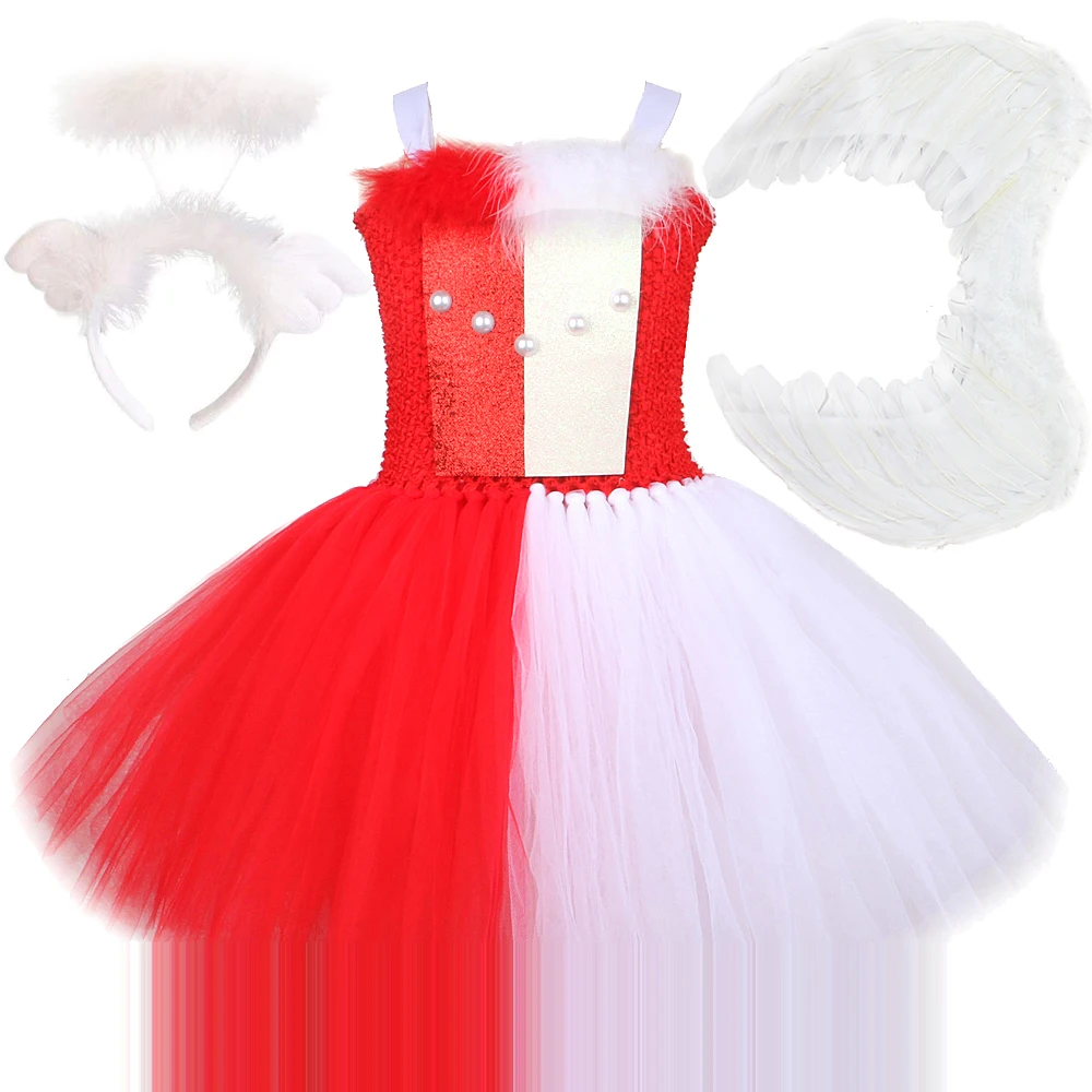 

Red White Angel Half Devil Tutu Dress 2022 Girls Halloween Costume Party Dresses Wings Evil Girl Children Cosplay Fancy Dress