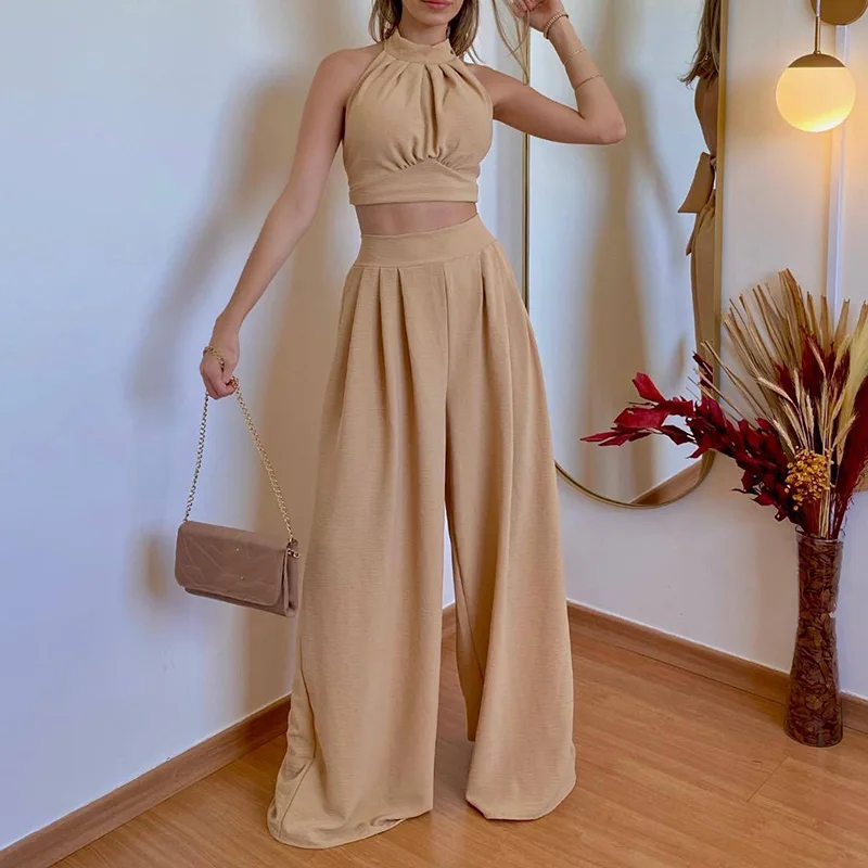 

Summer Halter Lace-up Crop Top+Wide Leg Pant Set Women Summer Solid Color 2pc Set Elegant Sleeveless Holiday High Street Outfits