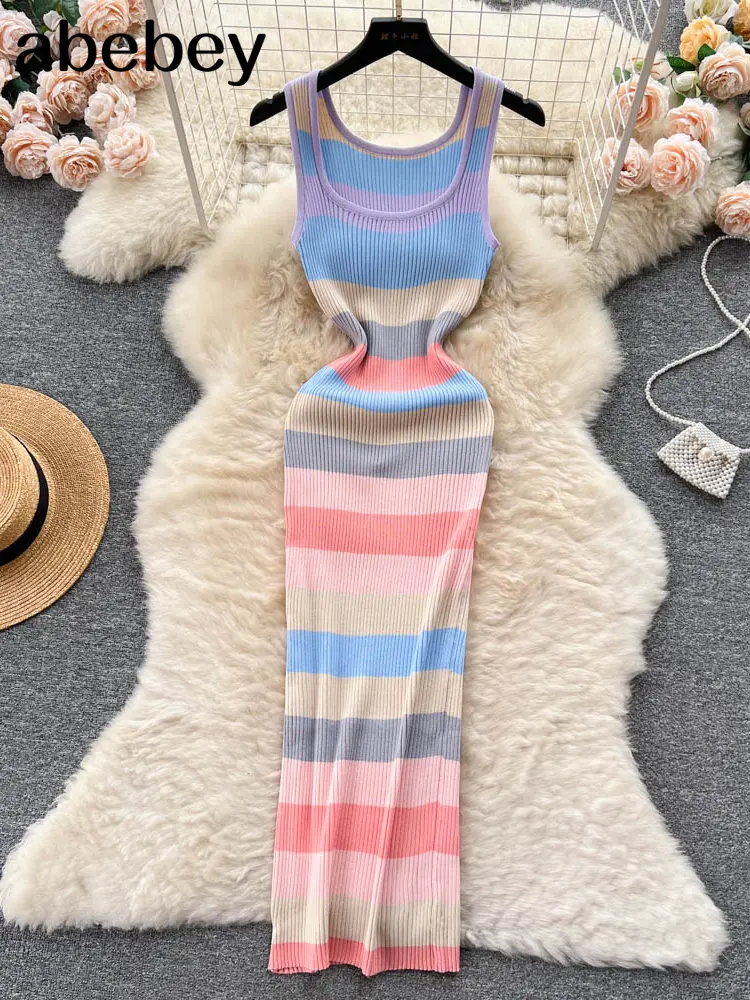 

Color Summer Knit Sexy Strap Dress Women Tank Elatic Waist Bodycon Sundress Female Beach Backless Long Dress