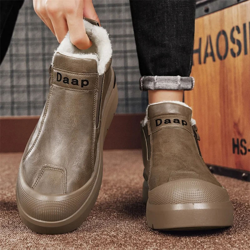 Пуховая зимняя обувь для мужчин коричневые кожаные ботинки на платформе мужская