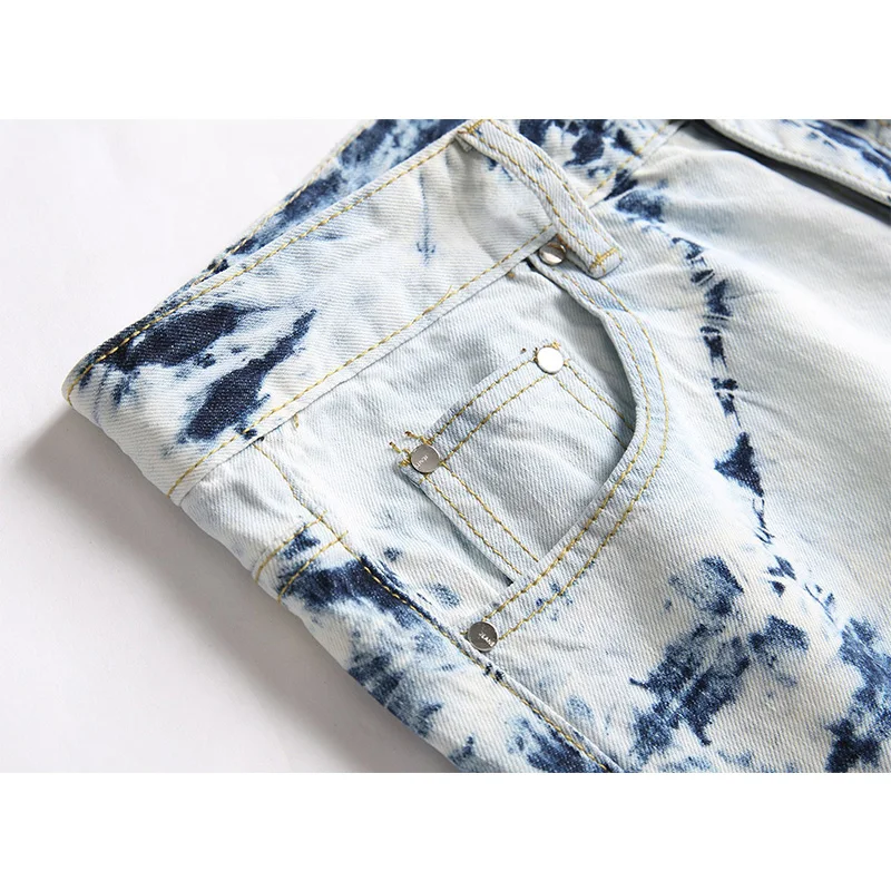 Mens Jeans Snowflake Tie-dyed Ripped Jeans Fashion Streetwear Men's Pants Spring and Autumn Full Length Deinm Pans