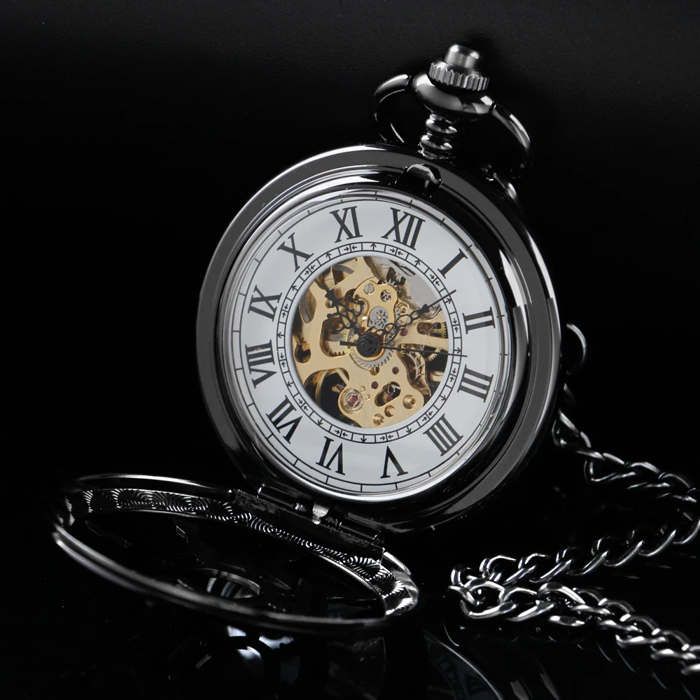 Vintage Black Rudder Hollowed-Out Mechanical Manual Pocket Watch Gold Roman Digital Skull Dial Pendant Automatic Antique Clock