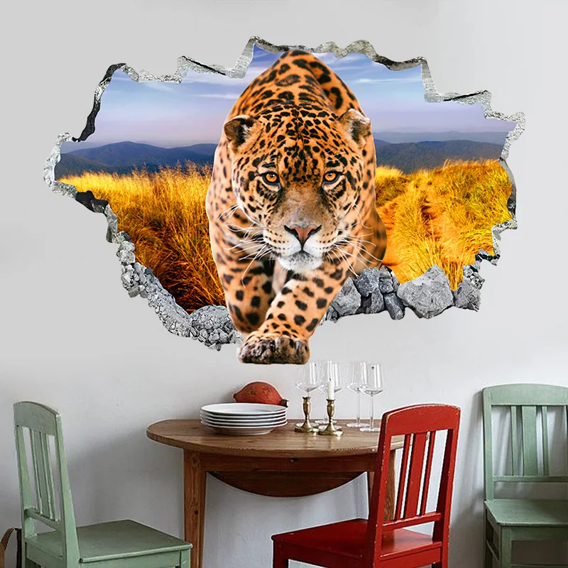 

2Pieces 3D Through-wall African Leopard Self-adhesive Wall Pasting Living Room Bedroom Bedhead Decoration TV Background Paper