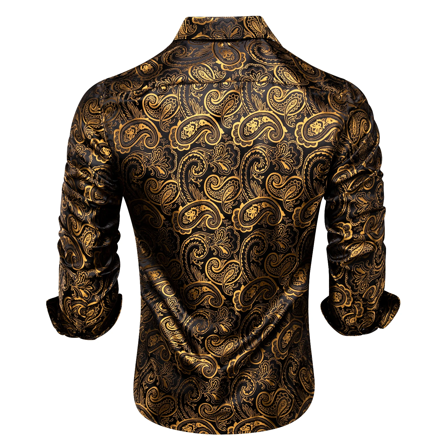 Hi-Tie Jacquard Silk Gold Black Paisley Mens Shirts Ascot Set Long Sleeve Shirt Cravat Hanky Cufflinks For Men Wedding Office XL