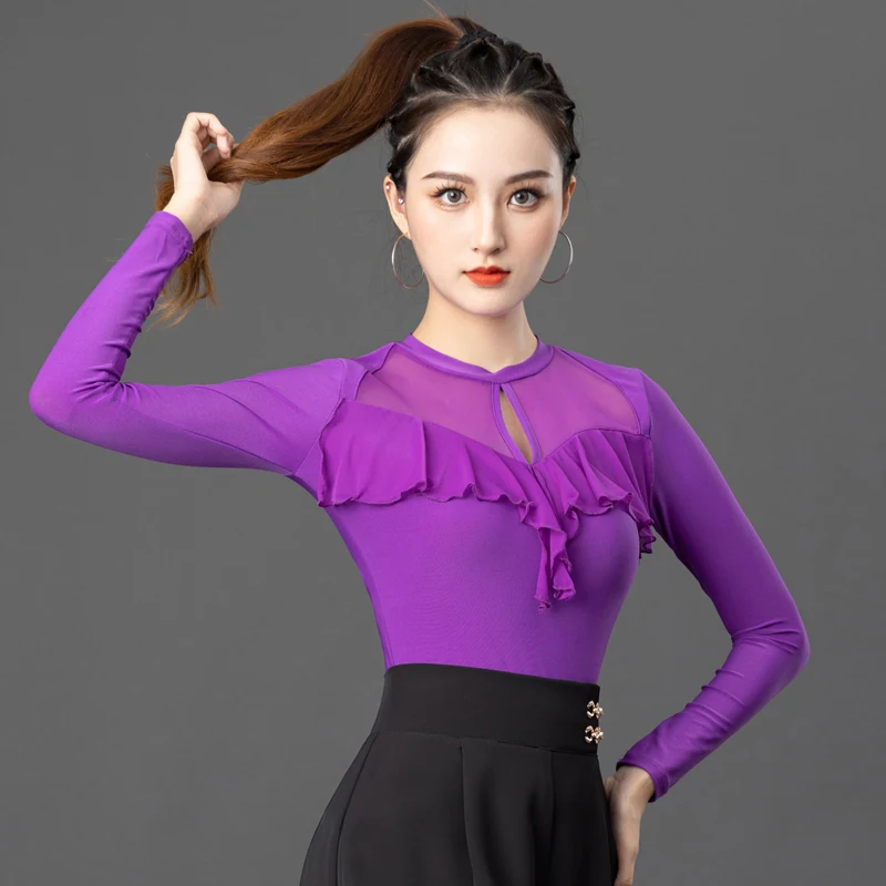 

Long Sleeve Latin Dance Tops Purple Ruffle Samba ChaCha Performance Costume Rumba Dancing Bodysuit Ballroom Practice Wear YS4203