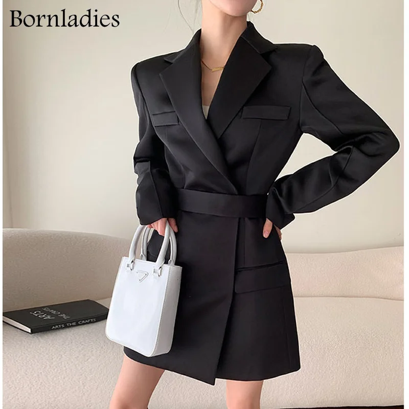 

Bornladies Korean Fashion Black Dress for Women Notched Collar Long Sleeve High Waist Mini Dresses Female Spring Clothing New