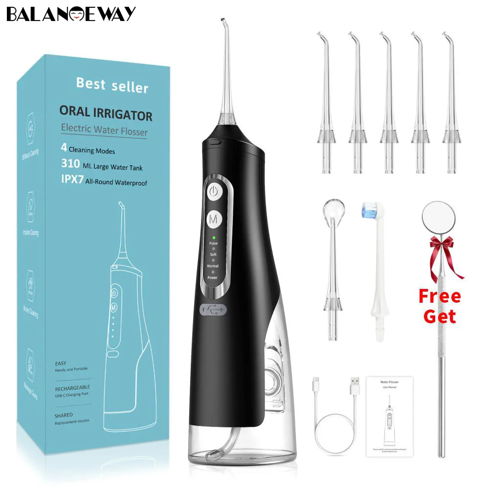 

Oral irrigator Portable 4Modes 8Nozzle USB Rechargeable 310ml Large Water Tank IPX7 Waterproof Black Dental Jet Water Flosser