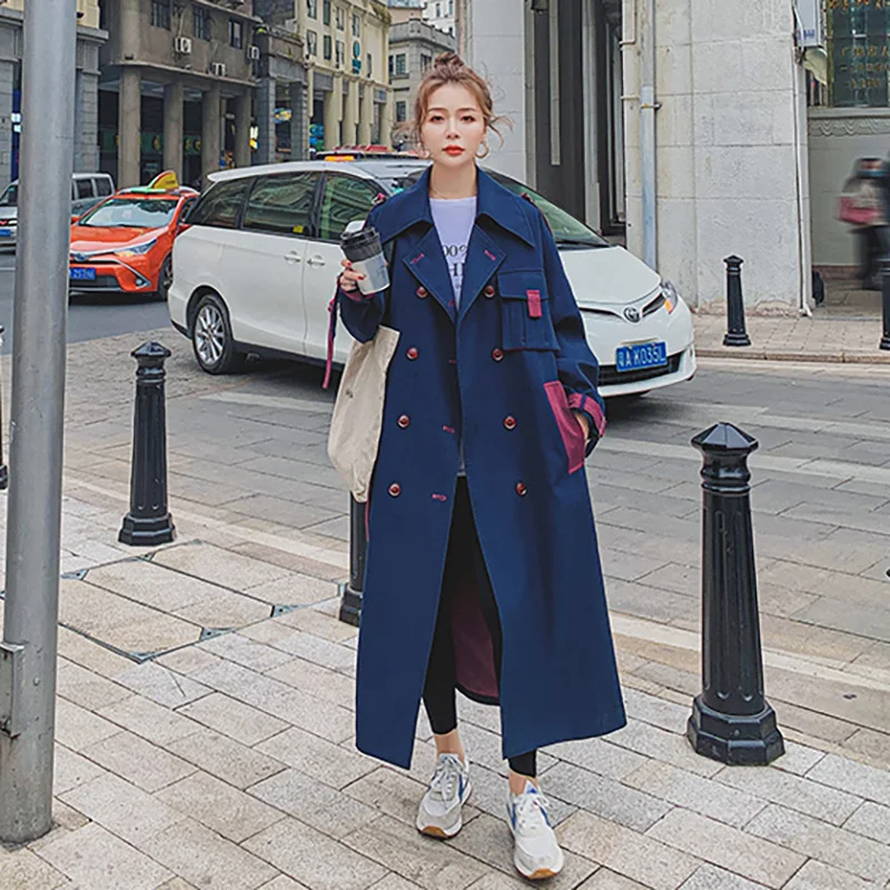 Женская Длинная ветровка повседневная куртка темно-синего цвета с прострочкой