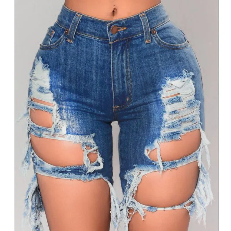 Women Denim Ripped Shorts High Waist Draped Destroyed Stretch Bodycon Pencil Slim Shorts Club Street Summer Sexy Holes Shorts