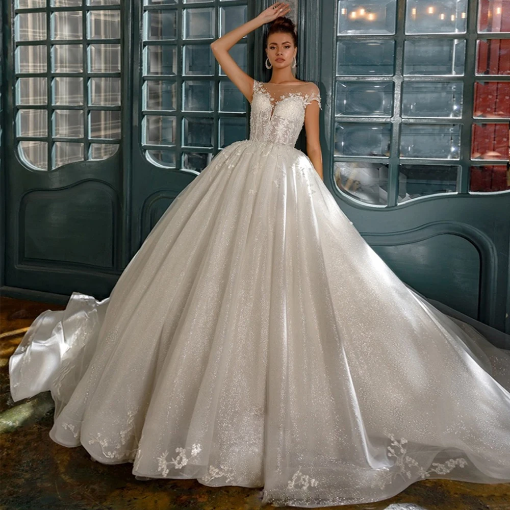 

На Zhu Abito Da Sposa блестящее бальное платье принцессы, свадебные платья 2024, с рукавами-крылышками и открытой спиной, кружевное платье с аппликацией, Mariage