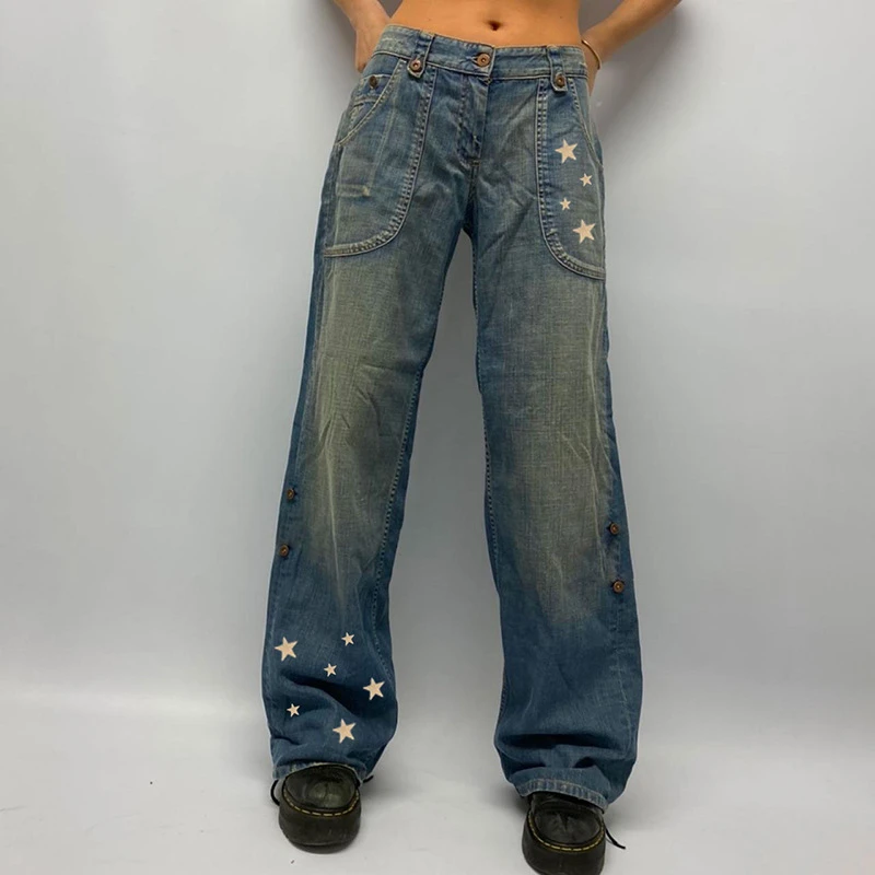 

Spring Autumn Slim Fashion Print Stars Buttons Do Old Denim Trousers Mom Jeans Women Straight Jeans Cargo Jeans Girl Baggy Jeans