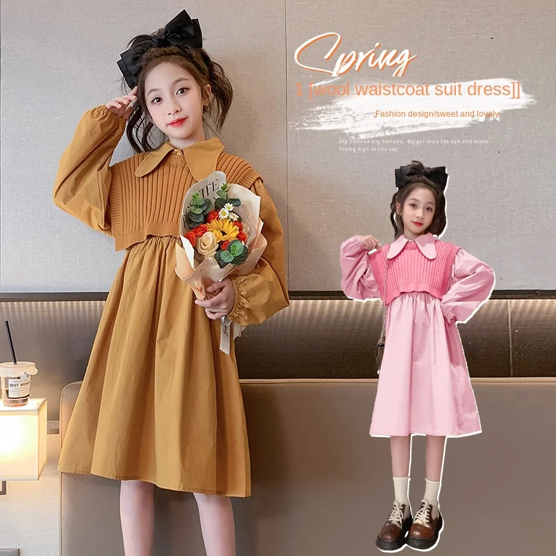 

Girls' spring dress fashionable children's clothes 2023 new foreign girls' net red shirt dress trend set 2 pieces