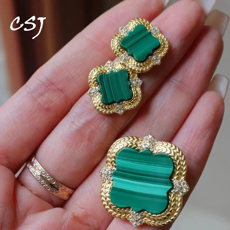 

CSJ Elegant Natural Malachite Jewelry Sets Sterling 925 Silver Handmade for Women Wedding Birthday Party Gift