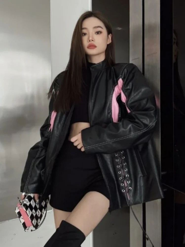 Autumn Motorcycle Leather Jacket Women Patchwork Chic Belt Loose Biker Jacket Female Casual Warm Korean Fashion Coat 2022 Summer