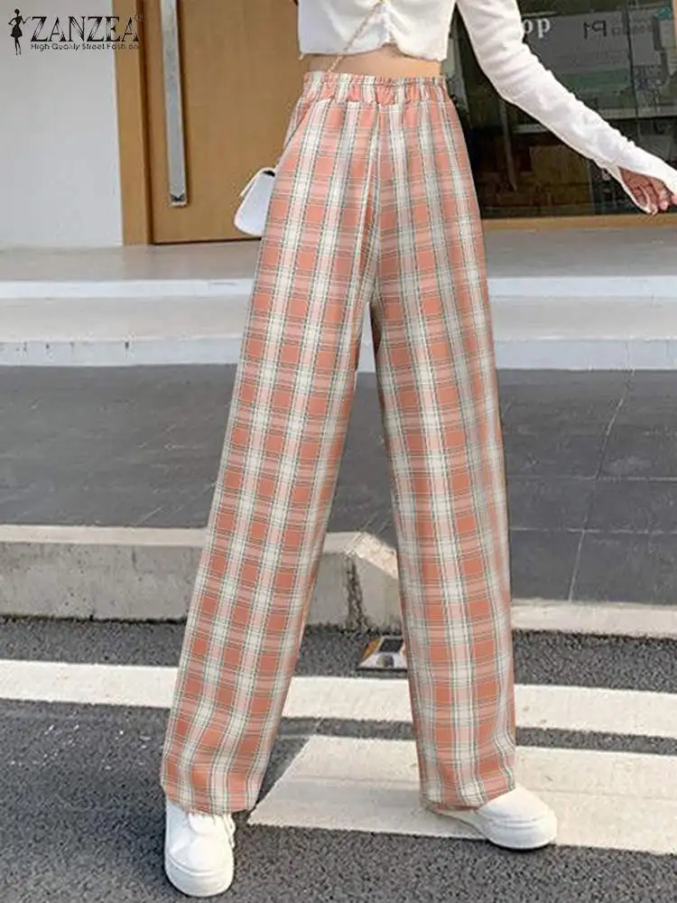 

ZANZEA Women Pockets Pantalon Streetwear Plaid Female Casual Loose Long Trouser High Waist 2023 New Korean Fashion Checked Pants