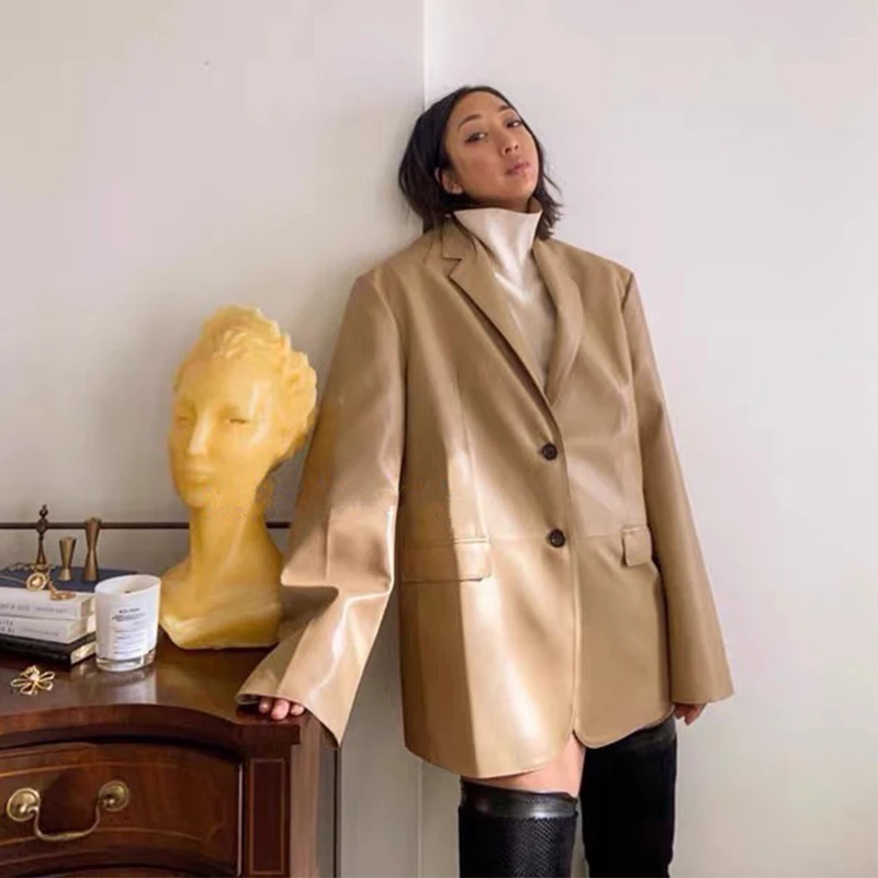 Cool Silhouette Lapel Button Faux Leather Blazer Women Fall Winter New Fashion Temperament Leather Jacket Khaki Pu Outwear