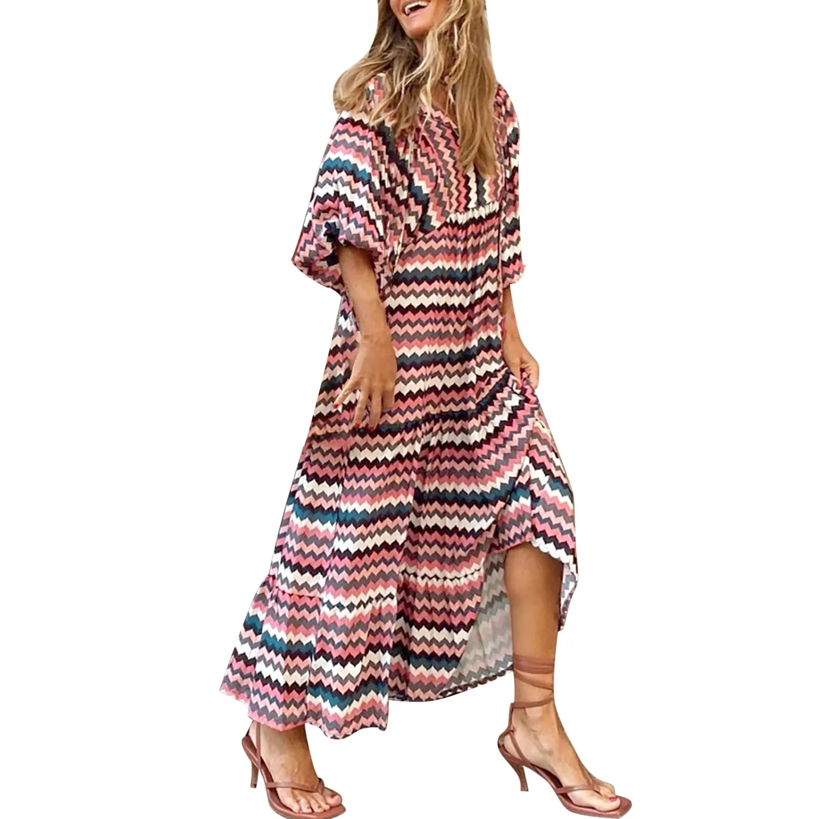 

Women Casual Loose Round Neck Bohemian Floral Dress Short Sleeve Maxi Summer Beach Swing Dress Woman Dresses