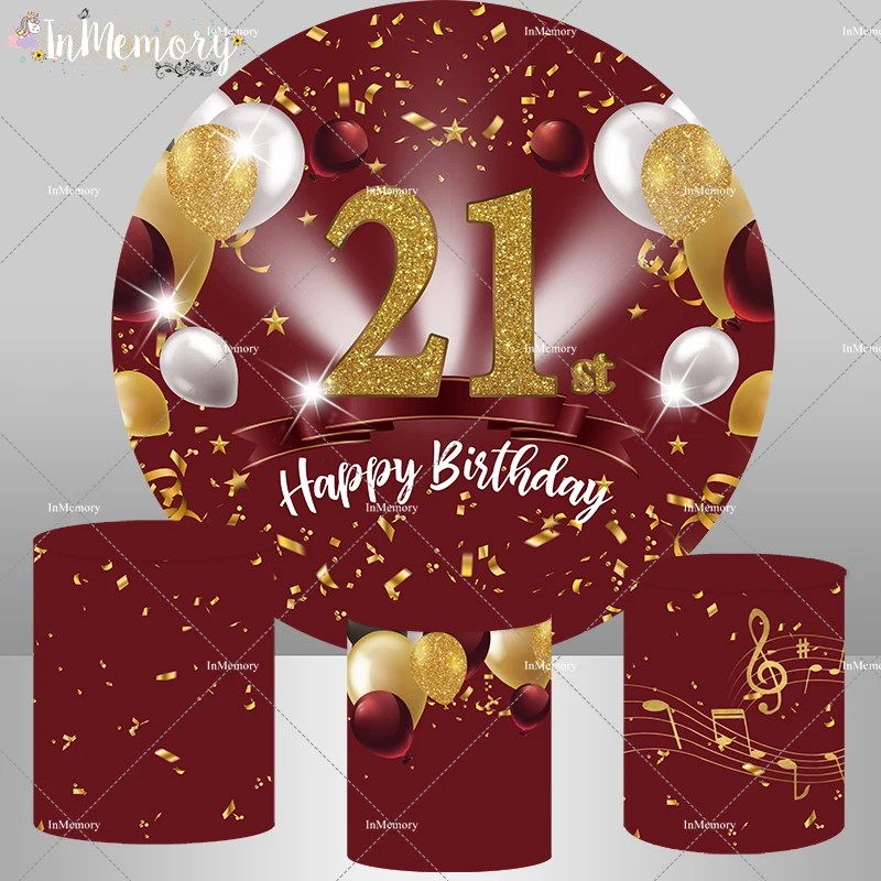 

Red and Gold Birthday Round Backdrop Cover Balloons Customized 21st Birthday Party Decor Cake Table Plinth Cover