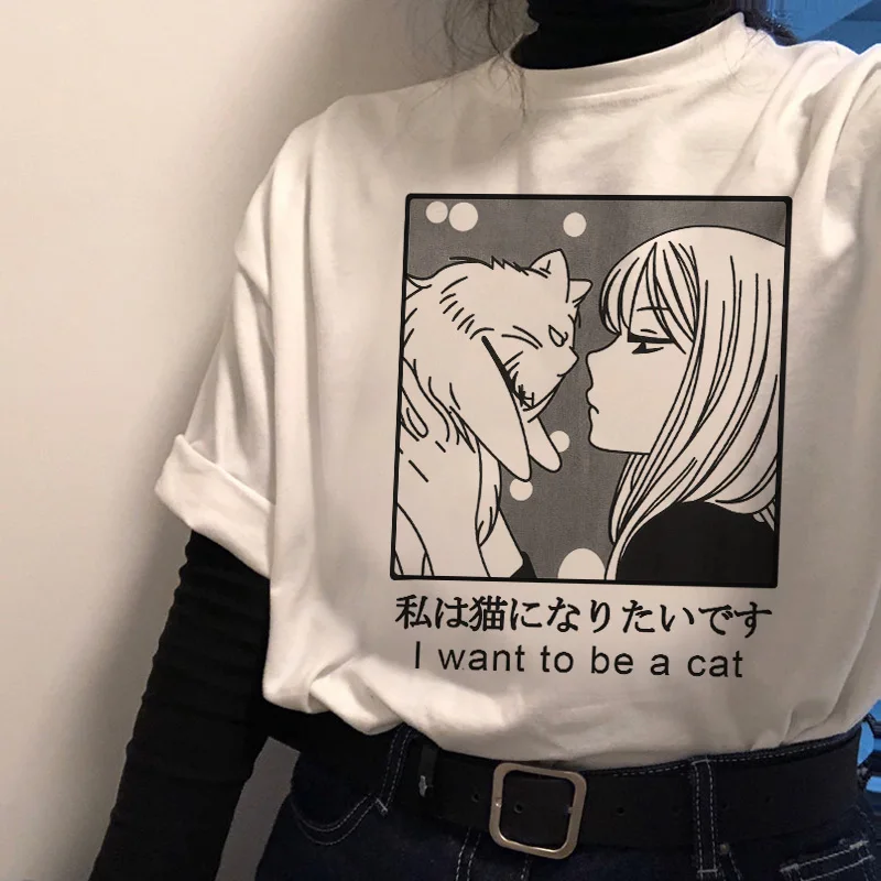 

Японская рубашка в стиле аниме I Want To Be A Cat, японские Топы в стиле Харадзюку С мангой, женская и мужская повседневная одежда большого размера, ...