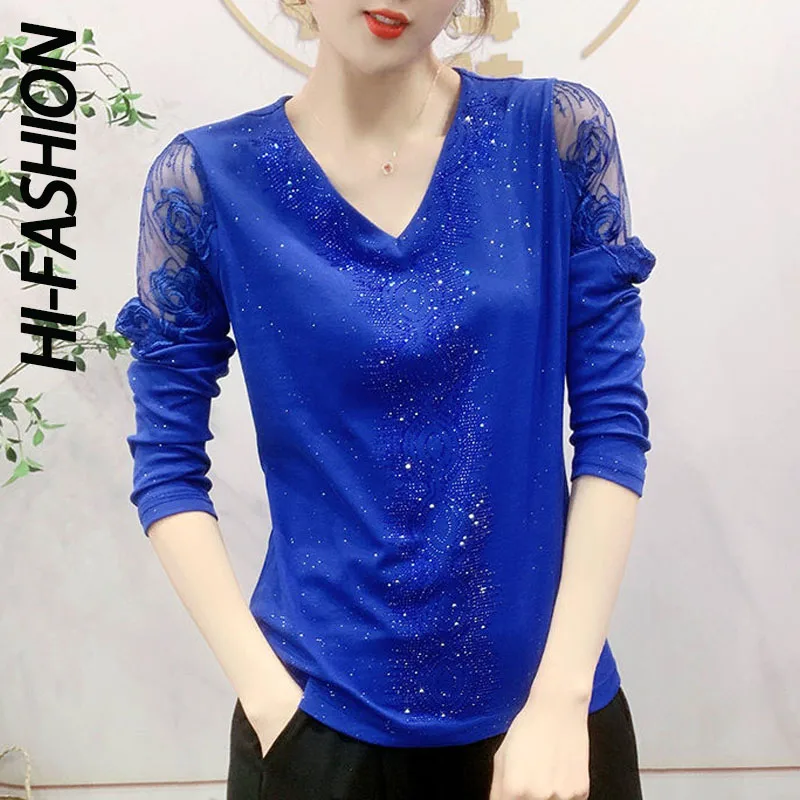 

Модные однотонные Топы HI-FASHION с V-образным вырезом и сеткой со стразами, повседневный тонкий приталенный пуловер с длинным рукавом, футболка,...