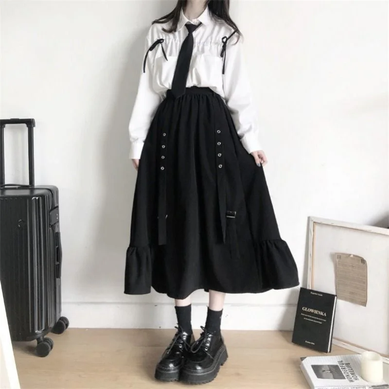 

Spring/Autumn Women Skirts High Waist Student Korean Style Dark Vintage Ruffle Long A-line Skirts Women Fashion 2022