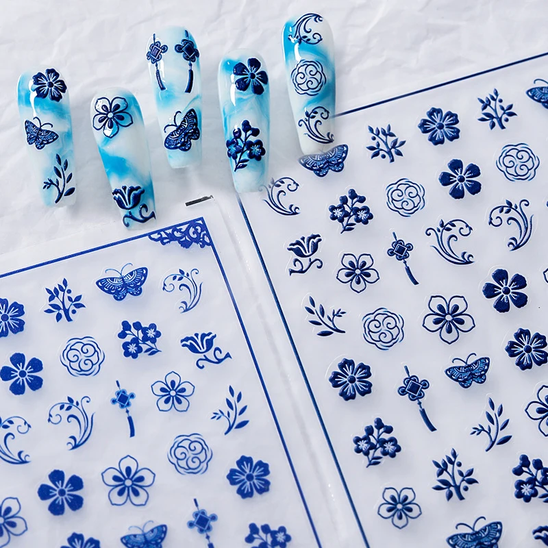 

Рельефные самоклеящиеся Стикеры для ногтей с голубыми цветами и бабочками 5D в китайском стиле, традиционные шикарные 3D наклейки для маникюра для женщин