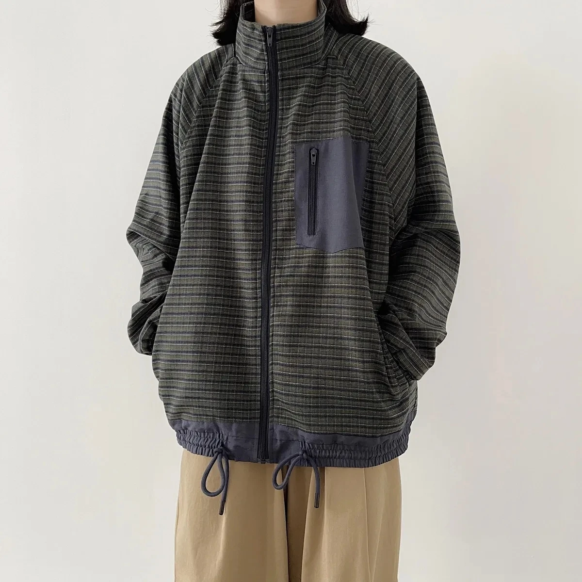 

Women Vintage Loose Casual Bomber Jacket Japanese Striped Check Coat Couple Spring Autumn Unsiex Street Cargo Outerwear