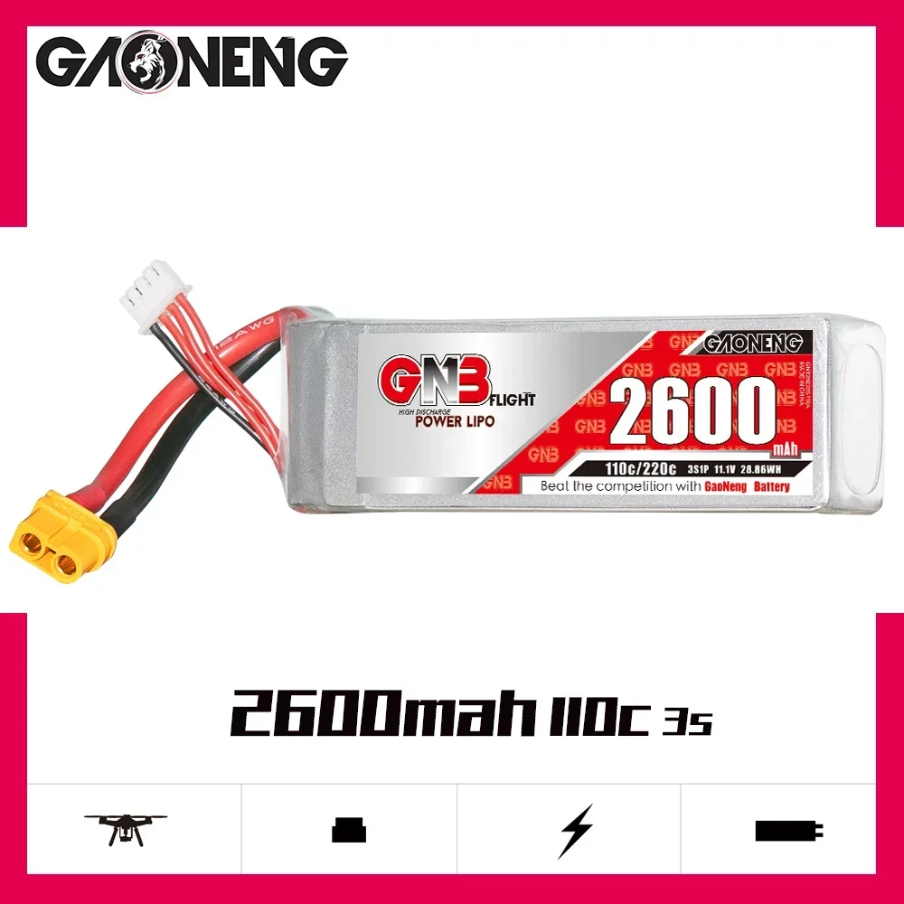 

GAONENG GNB 3S1P 2600mAh 11.1V 110C/220C Lipo Battery With XT60 Connector For RC Helicopter Quadcopter FPV Racing Drone Parts