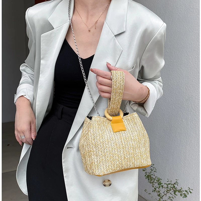 

Women Straw Braid Shoulder Bag Woven Bucket Handbags Small Square Bag Khaki Straw Bag Casual Vacation Bags For Lipstick Phone