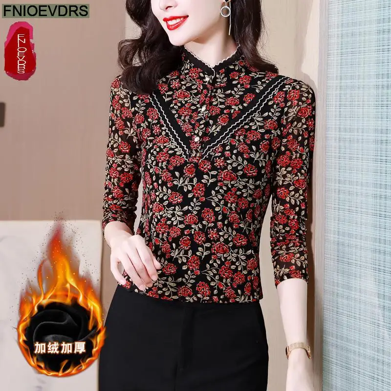 

S-3XL Women 2023 Spring Winter Basic Shirts Slim Elegant Office Lady Floral Print Warm Velvet Velour Gold Red Velvet Tops Blouse