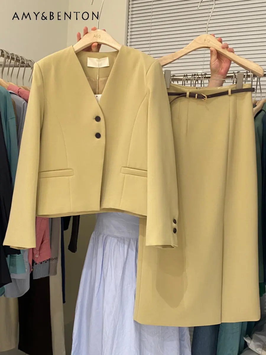 Women's Spring and Autumn New Korean Style Fashionable Temperament Business Suit Coat + Mid-length Split Skirt Two-Piece Set