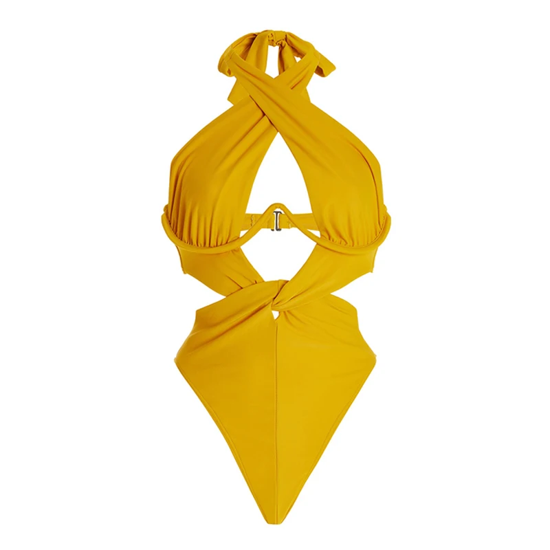 2023 однотонный желтый купальник с лямкой на шее женский сексуальный цельный