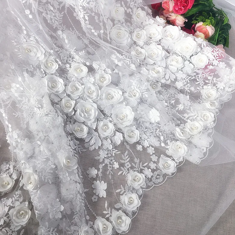 

Off white and Black Beaded three-dimensional satin flower lace fabric sequins embroidered fabric wedding dress fabric
