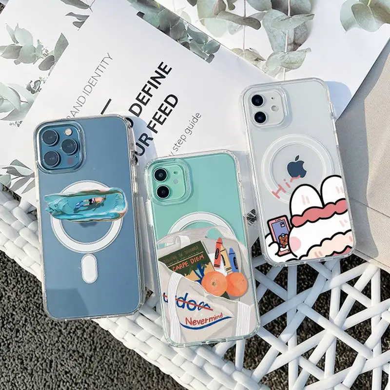 

cartoon cute couple animation Phone Case For iPhone 13 12 11 Mini Pro Max transparent Super Magnetic MagSafe Cover