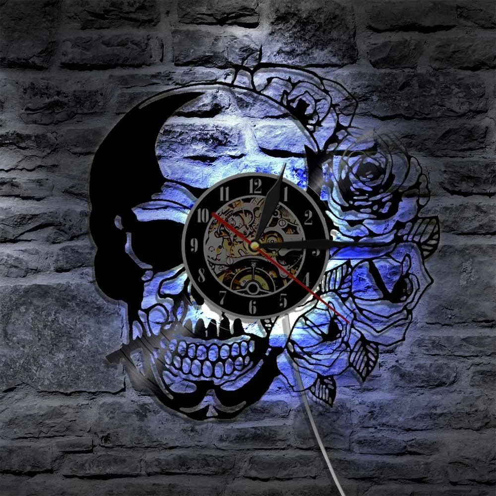 

Skull LED Personality Skull Rose Horror Quartz Clock Retro Vinyl Record Wall Clock Non-Ticking Music Lover Gift Home Decoration