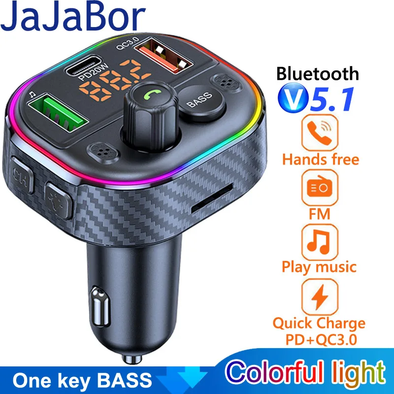 

JaJaBor FM Transmitter Stereo Bass Car MP3 Player PD 20W USB QC3.0 Fast Charging Car Charger Handsfree Bluetooth 5.0 Car Kit