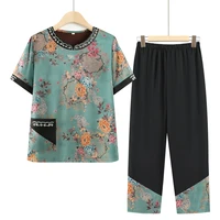 2022 summer womens embroidery 2pcs o neck blousepants mother two pieces set casual fashion tops and trousers sets