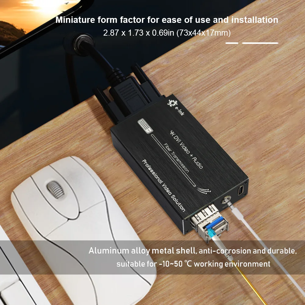 Mini 4K DVI Fiber Extender UHD DVI to Fiber Convert Optical Transceiver with External Stereo Audio/RS232 Single-mode 20km