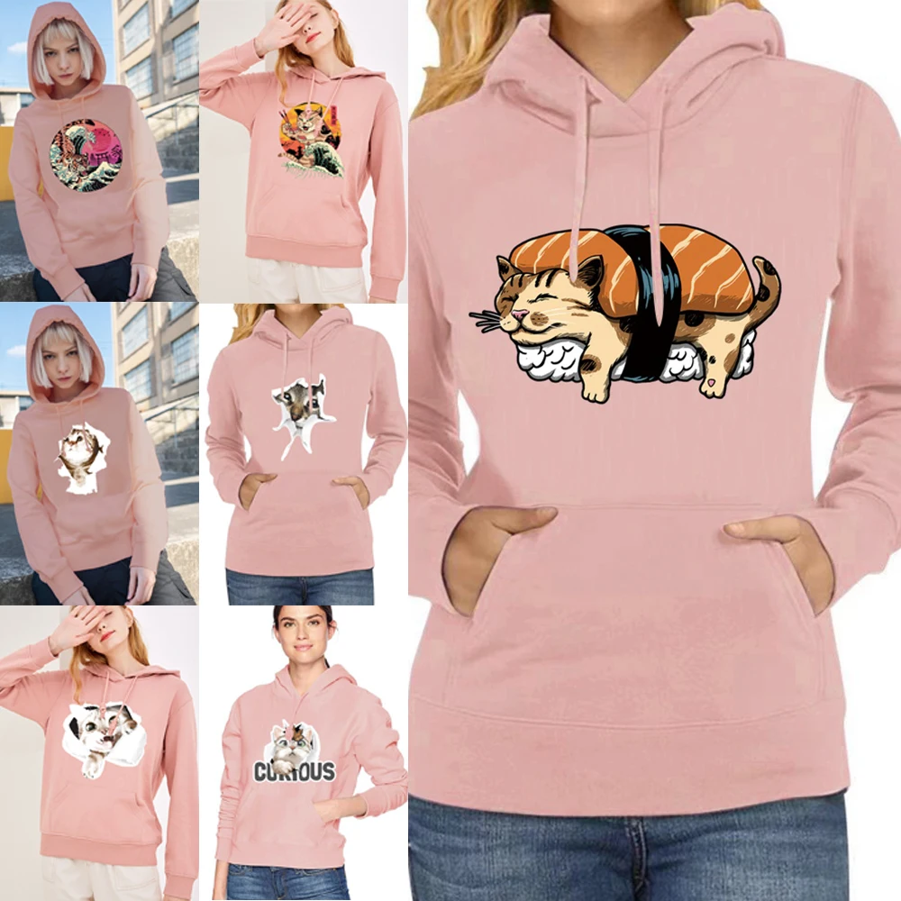 

Women Hoodie Pullover Autumn Harajuku Hooded Casual Sweatshirts Cat Print Loose Long Sleeve Top Clothes 2022 Fashion Streetwear