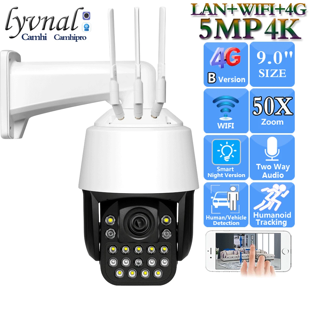 

3G 4G SIM Card 4K 8MP Wireles IP Camera Wifi 50X Zoom 5MP PTZ Dome Human Tracking Laser IR 200M Two Way Audio Color Night Vision
