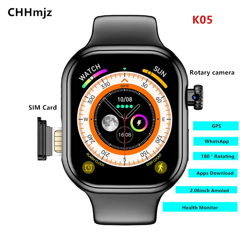 K05 Смарт-часы SIM-карта 4G, Android 180 °, 2,06-дюймовый WIFI APPS ...