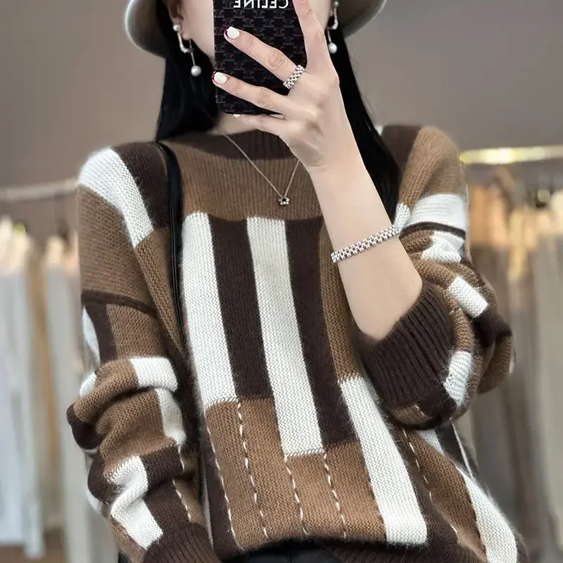 

2023 Spring and Autumn Women's Pullover Round Neck Patchwork Screw Thread Sweater Loose Bottom Fashion Casual Long Sleeve Tops