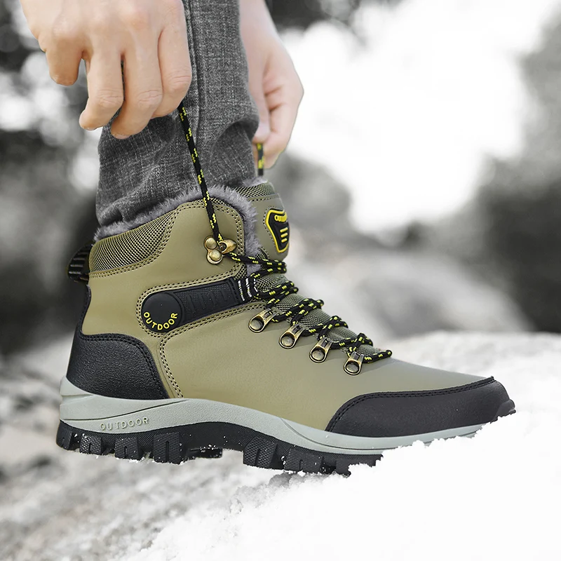 2022 Winter Men Boots Waterproof Leather Sneakers Warm Snow Boots Outdoor Hiking Boots Men Work Shoes Non-slip Trekking Boots
