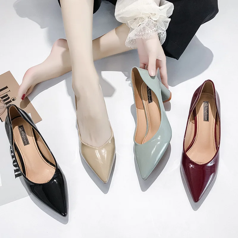 

Fashion Patent Leather 2022 Spring Autumn Women Pumps Shoes Pointed Toe Thick Shallow Slip-on 6cm High Heels Office Ladies Shoes