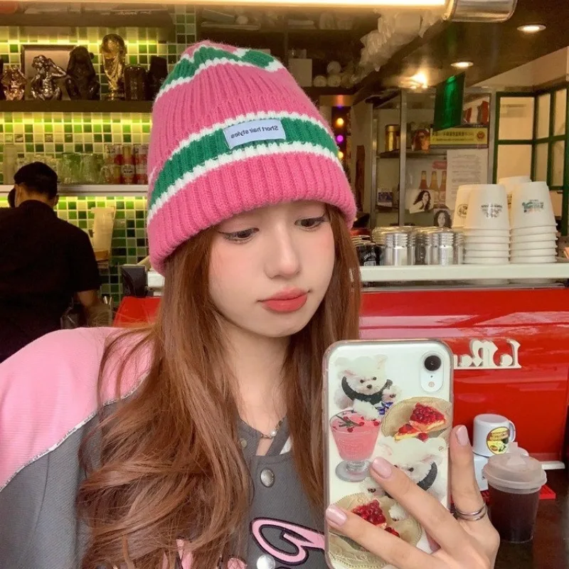

Korean Contrasting Color Striped Pullover Hats for Women Autumn and Winter Outdoor Leisure Warm Ear Protection Knitted Cold Cap